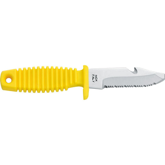 MAC Coltellerie diving knife with yellow textured grip handle and stainless steel serrated blade with pointed tip