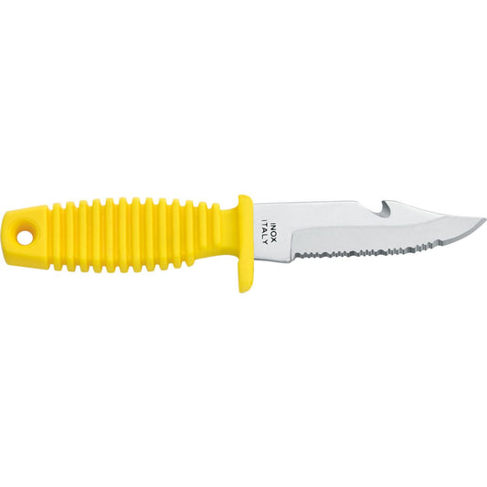 MAC Coltellerie serrated knife with yellow ribbed handle and stainless steel blade