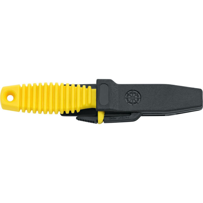 MAC Coltellerie yellow handled knife with black sheath featuring SHARK branding and compass logo
