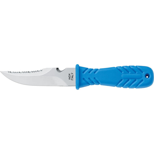 MAC Coltellerie diving knife with blue textured grip handle and stainless steel serrated blade with pointed tip