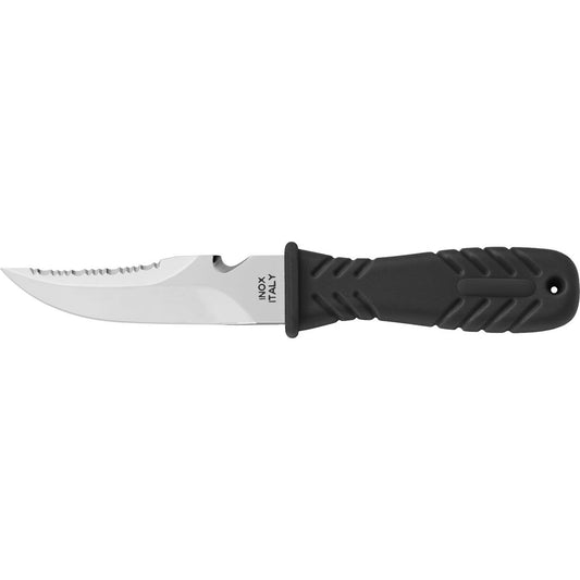 MAC Coltellerie diving knife with black textured grip handle and stainless steel serrated blade with pointed tip