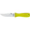 MAC Coltellerie diving knife with yellow/lime green textured grip handle and stainless steel serrated blade with pointed tip