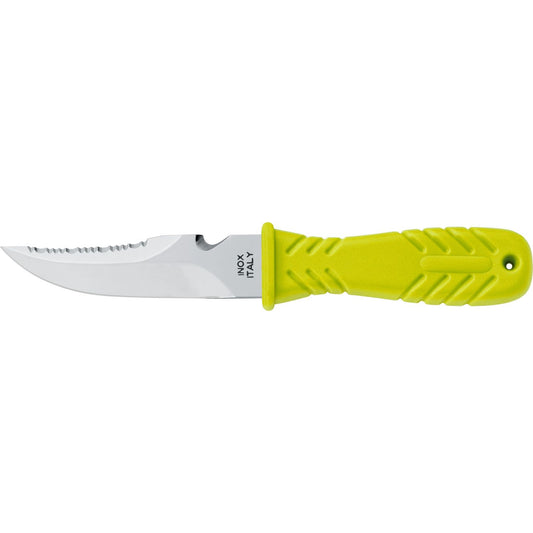 MAC Coltellerie diving knife with yellow/lime green textured grip handle and stainless steel serrated blade with pointed tip