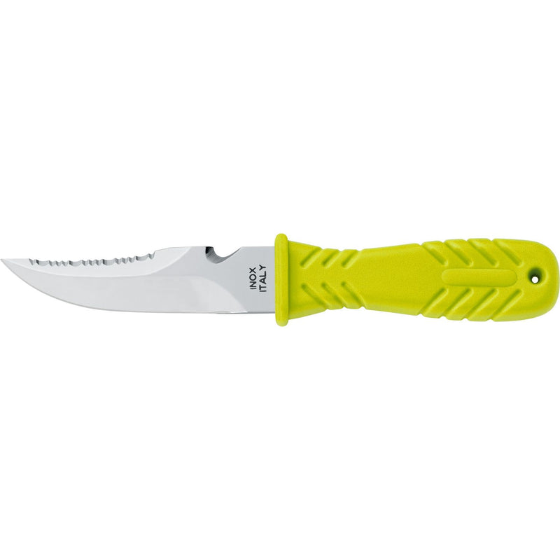 MAC Coltellerie diving knife with yellow/lime green textured grip handle and stainless steel serrated blade with pointed tip