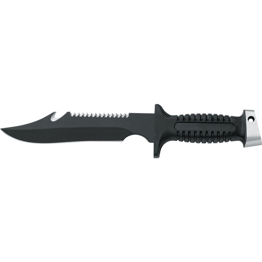 MAC Coltellerie tactical knife with partially serrated blade and black textured handle