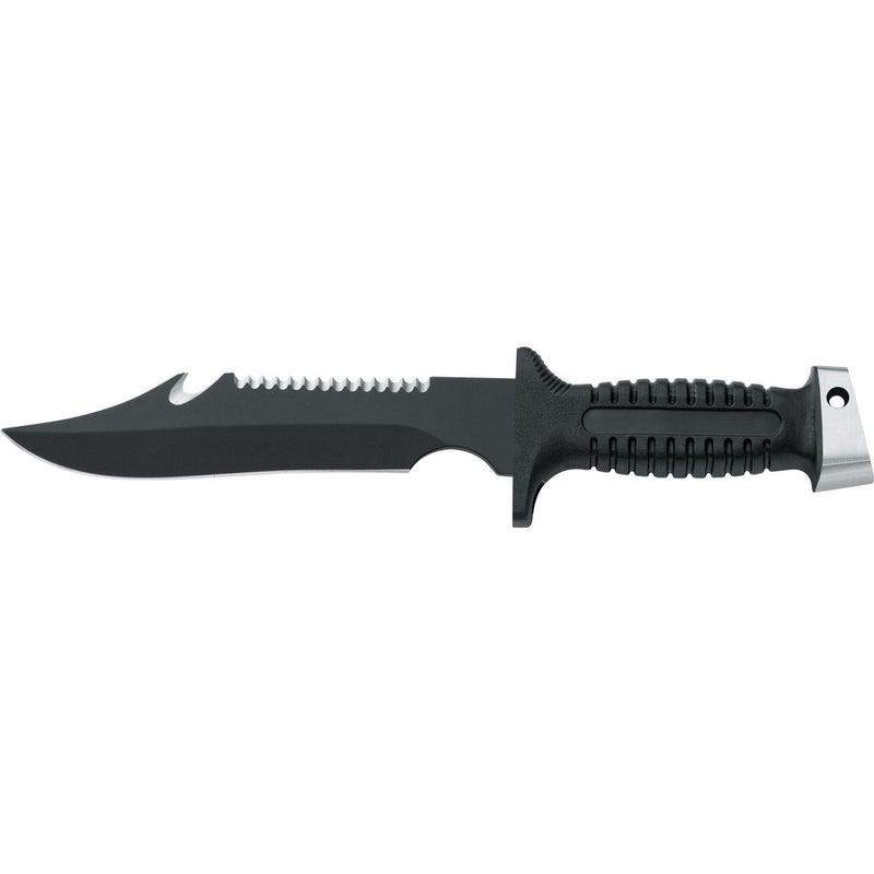 MAC Coltellerie tactical knife with partially serrated blade and black textured handle