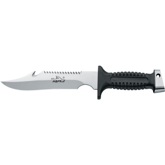 MAC Coltellerie tactical knife with serrated blade and black textured grip handle