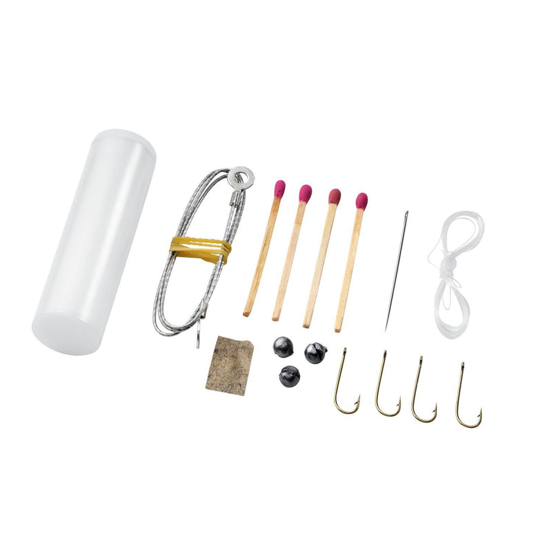 MAC Coltellerie survival kit containing carabiner, matches, fishing hooks, line, and emergency fire-starting materials in protective case