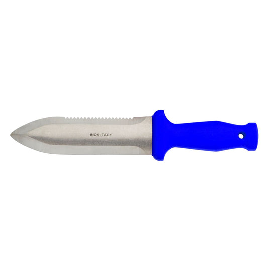MAC Coltellerie stainless steel knife with blue ergonomic handle, INOX ITALY marking visible on blade