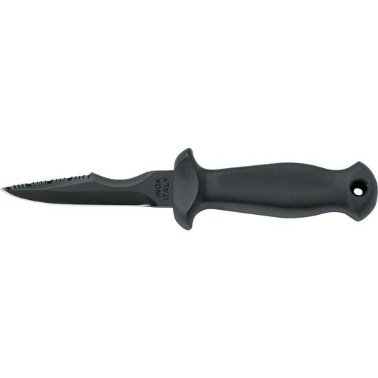 MAC Coltellerie black handled diving knife with serrated stainless steel blade and lanyard hole