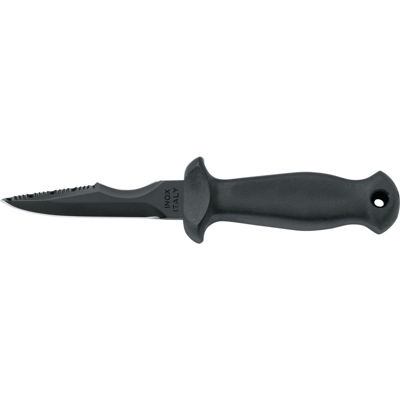 MAC Coltellerie black handled diving knife with serrated stainless steel blade and lanyard hole