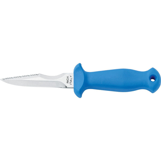 MAC Coltellerie blue handled diving knife with serrated stainless steel blade and lanyard hole