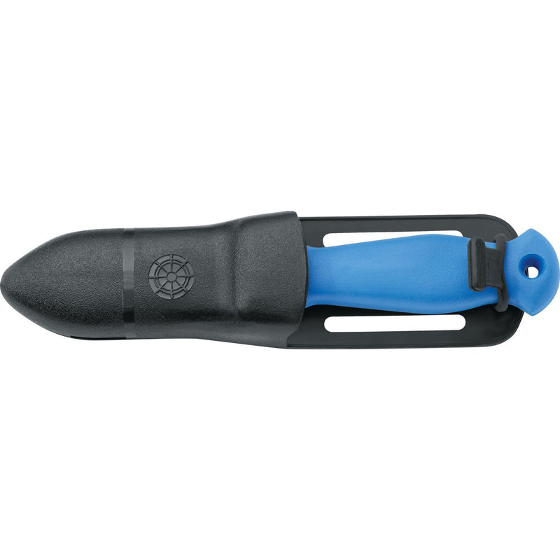 MAC Coltellerie blue handled diving knife in black sheath with compass rose logo and belt clip