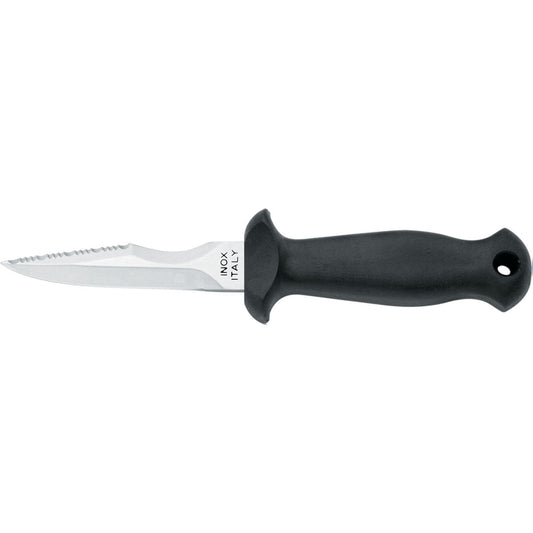 MAC Coltellerie SUB09CN diving knife with black handle, partially serrated stainless steel blade, and lanyard hole for professional diving use