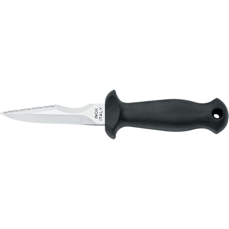 MAC Coltellerie SUB09CN diving knife with black handle, partially serrated stainless steel blade, and lanyard hole for professional diving use