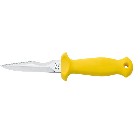 MAC Coltellerie yellow handled diving knife with serrated stainless steel blade and lanyard hole