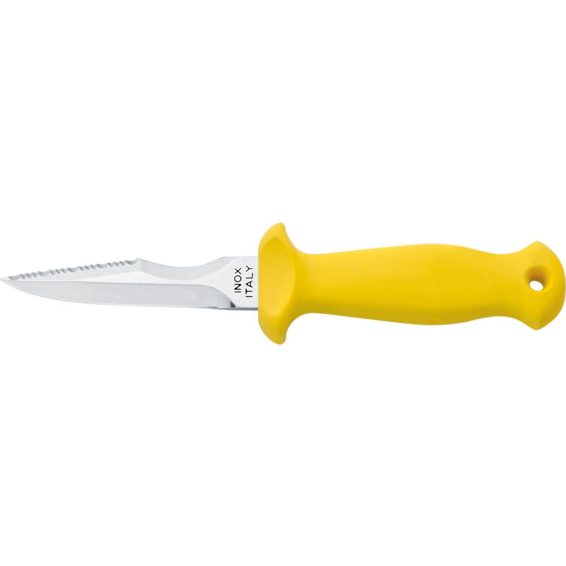 MAC Coltellerie yellow handled diving knife with serrated stainless steel blade and lanyard hole
