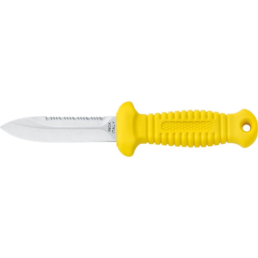 MAC Coltellerie diving knife with yellow textured handle, serrated stainless steel blade, tactical design