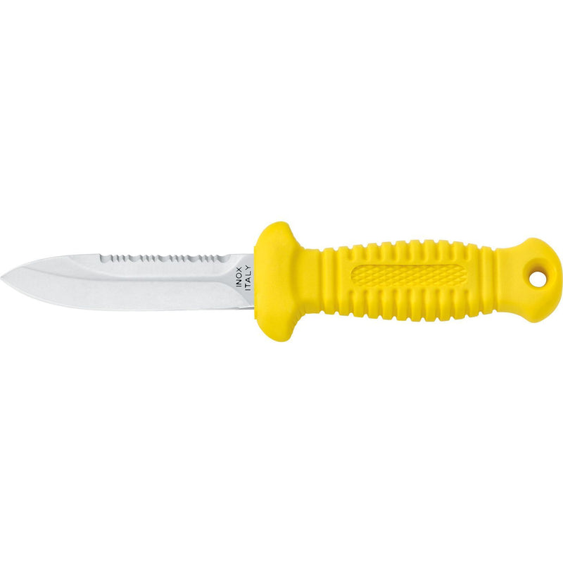 MAC Coltellerie diving knife with yellow textured handle, serrated stainless steel blade, tactical design