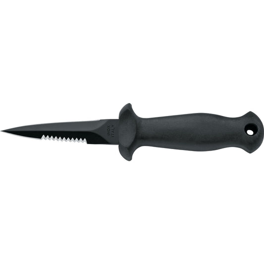 MAC Coltellerie black handled diving knife with serrated stainless steel blade and lanyard hole