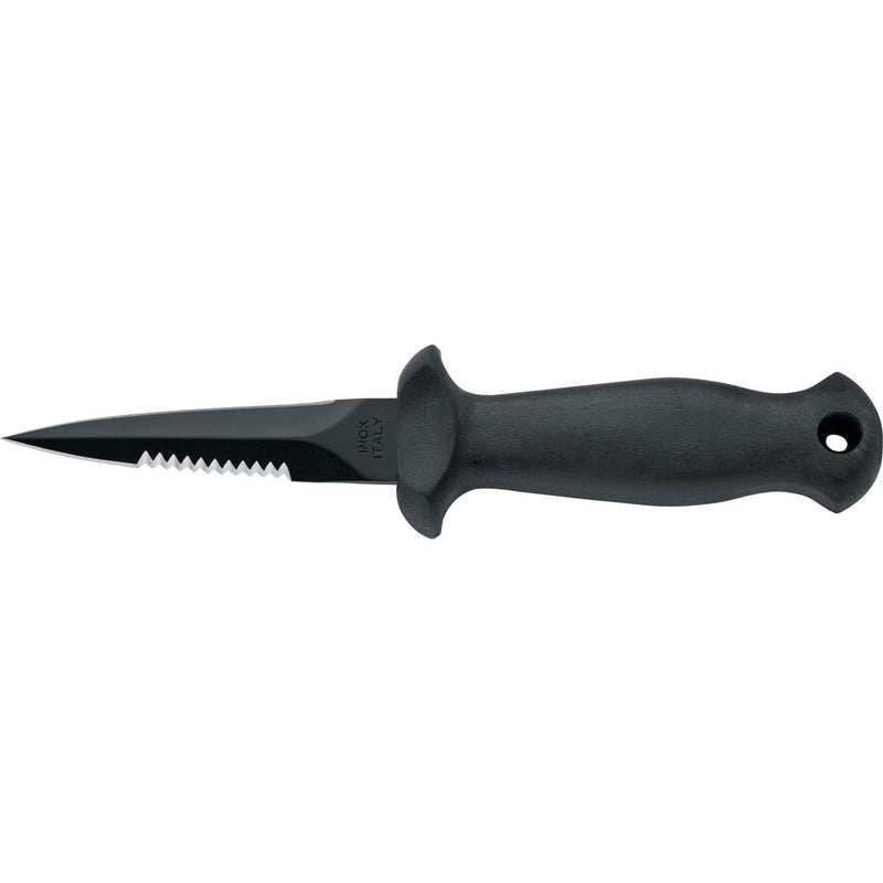 MAC Coltellerie black handled diving knife with serrated stainless steel blade and lanyard hole
