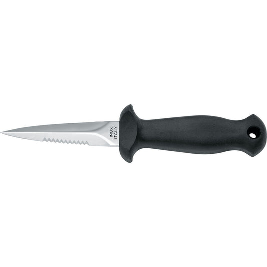 MAC Coltellerie black handled diving knife with straight stainless steel blade and lanyard hole
