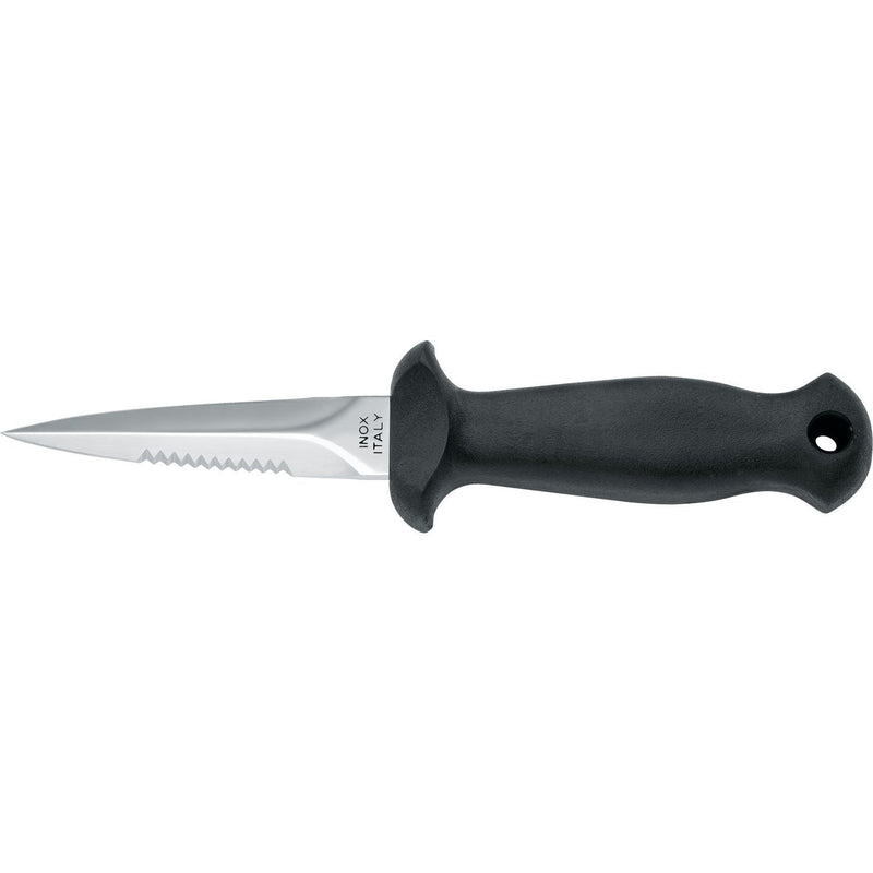 MAC Coltellerie black handled diving knife with straight stainless steel blade and lanyard hole
