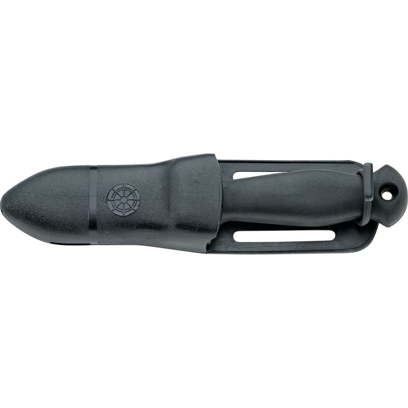 MAC Coltellerie black handled diving knife in black sheath with compass rose logo and belt clip