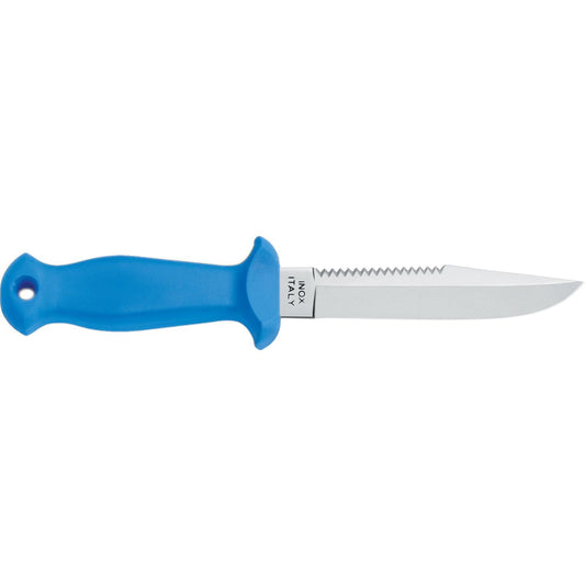 MAC Coltellerie serrated knife with blue ergonomic handle and stainless steel blade