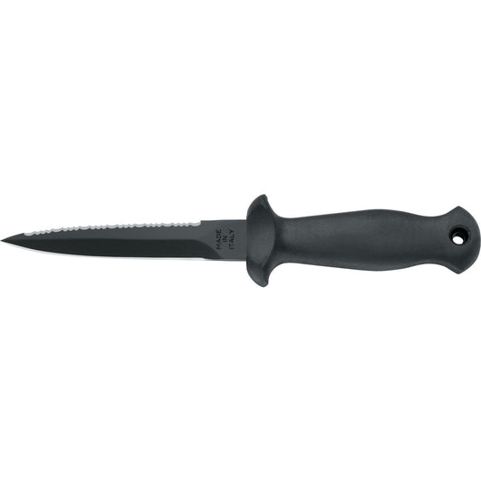 MAC Coltellerie serrated knife with black ergonomic handle and stainless steel blade, dark finish