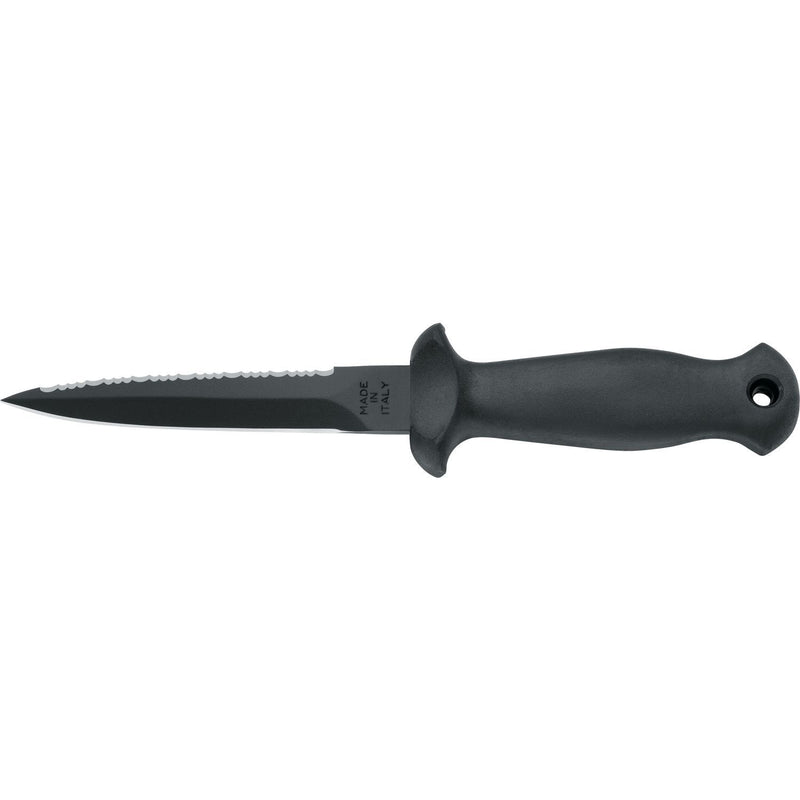 MAC Coltellerie serrated knife with black ergonomic handle and stainless steel blade, dark finish
