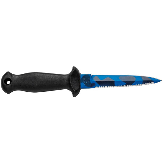 MAC Coltellerie serrated knife with black handle showing blue and black blade coating