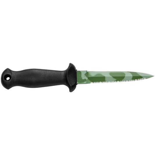 MAC Coltellerie diving knife with black handle and green camouflage blade coating, stainless steel construction