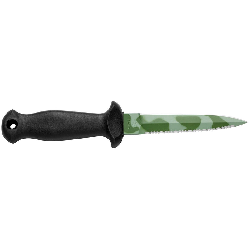 MAC Coltellerie diving knife with black handle and green camouflage blade coating, stainless steel construction