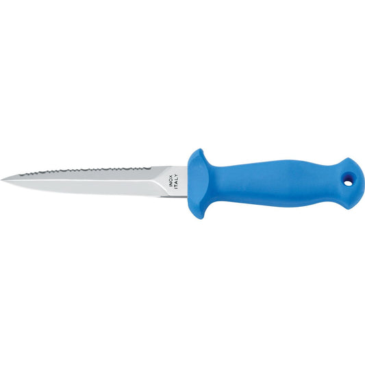 MAC Coltellerie serrated knife with blue ergonomic handle and stainless steel blade, alternate view
