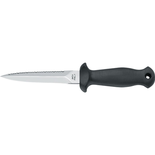 MAC Coltellerie serrated knife with black ergonomic handle and stainless steel blade