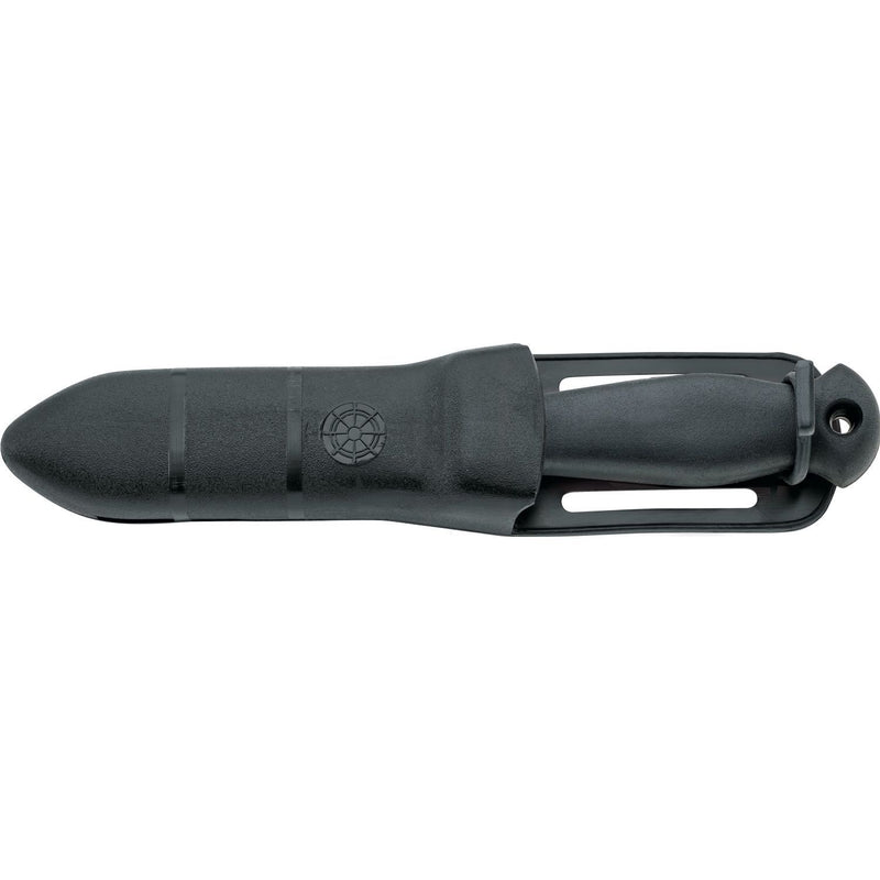 MAC Coltellerie knife with black handle and sheath, horizontal view showing compass logo