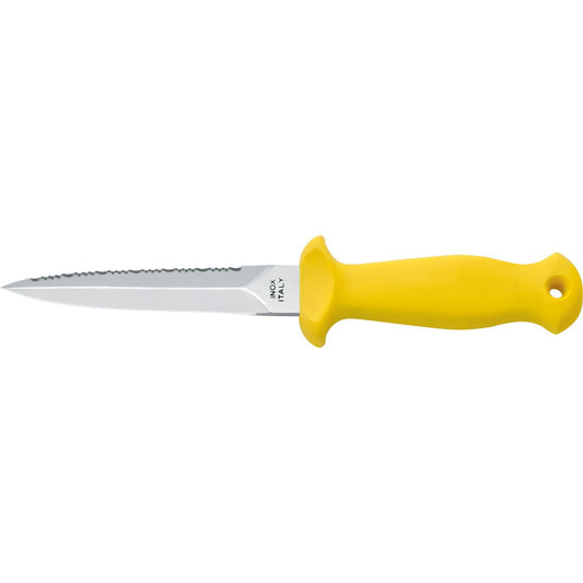 MAC Coltellerie serrated knife with yellow ergonomic handle and stainless steel blade, alternate view