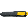MAC Coltellerie knife with black handle and yellow accent sheath, horizontal view