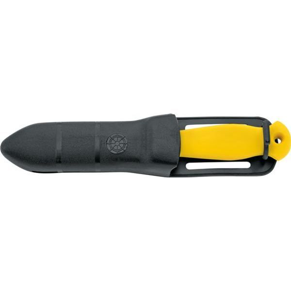 MAC Coltellerie knife with black handle and yellow accent sheath, horizontal view