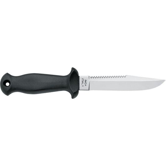 MAC Coltellerie black handled diving knife with serrated stainless steel blade extended from handle