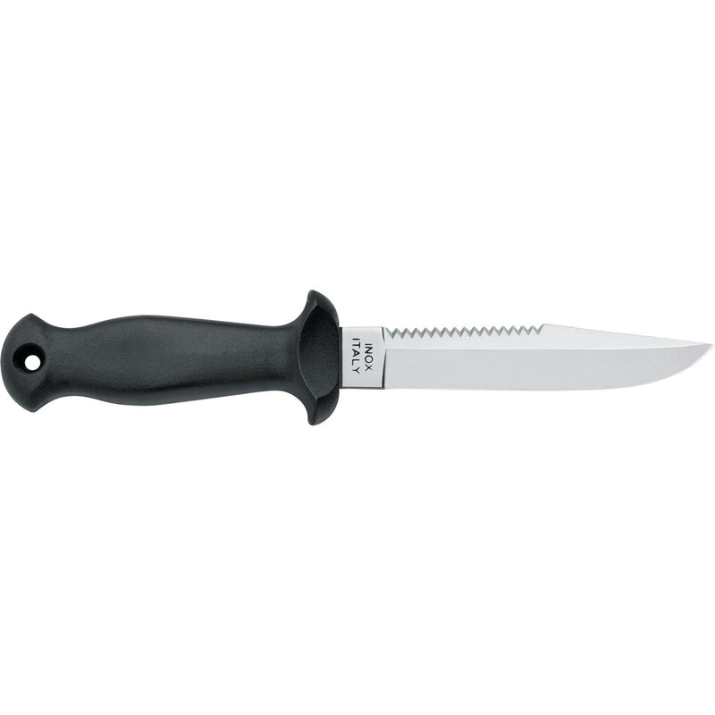 MAC Coltellerie black handled diving knife with serrated stainless steel blade extended from handle