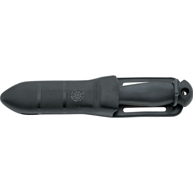 MAC Coltellerie black handled diving knife in black sheath with compass rose logo and belt clip