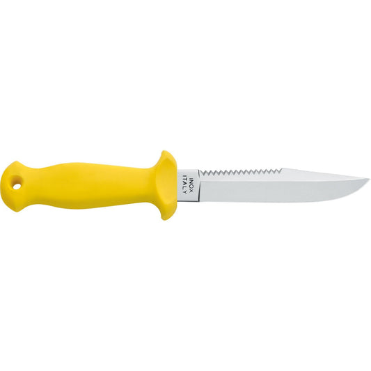 MAC Coltellerie serrated knife with yellow ergonomic handle and stainless steel blade