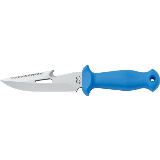 MAC Coltellerie diving knife with bright blue handle, stainless steel blade, ergonomic grip design