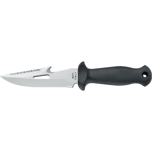 MAC Coltellerie diving knife with black handle, stainless steel serrated blade, compact tactical design
