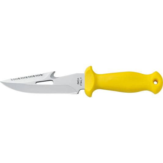 MAC Coltellerie diving knife with yellow handle, stainless steel blade, high-visibility safety design