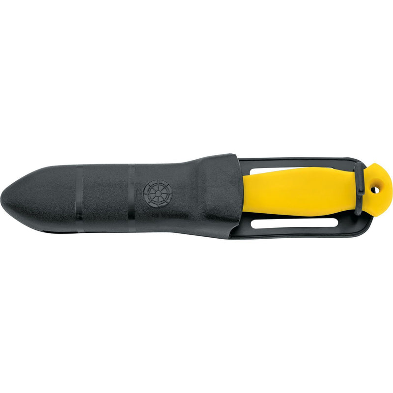 MAC Coltellerie diving knife with yellow handle in black sheath, tactical belt carry system