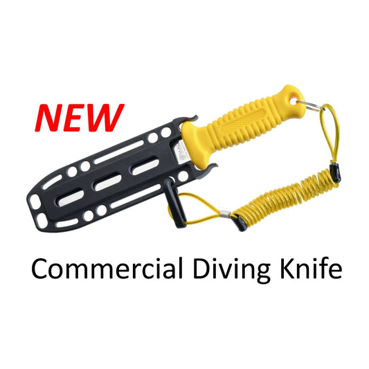 Commercial diving knife with yellow handle, stainless steel blade, black sheath and retractable lanyard system by MAC Coltellerie