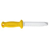 Yellow handled diving knife with extended serrated stainless steel blade showing full knife profile by MAC Coltellerie